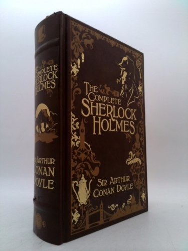 cover The Complete Sherlock Holmes (Barnes & Noble Leatherbound Classic Collection), the cover is mostly brown with gold detailing on the title and illustrations, the cover features illustrations of a teapot,  the character Sherlock Holmes with a pipe in his mouth