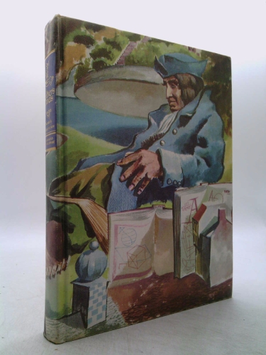 cover of Gulliver's Travels, the cover image is a color illutration of the main character dressed in a blue coat and matching hat, sitting in a green field with books 